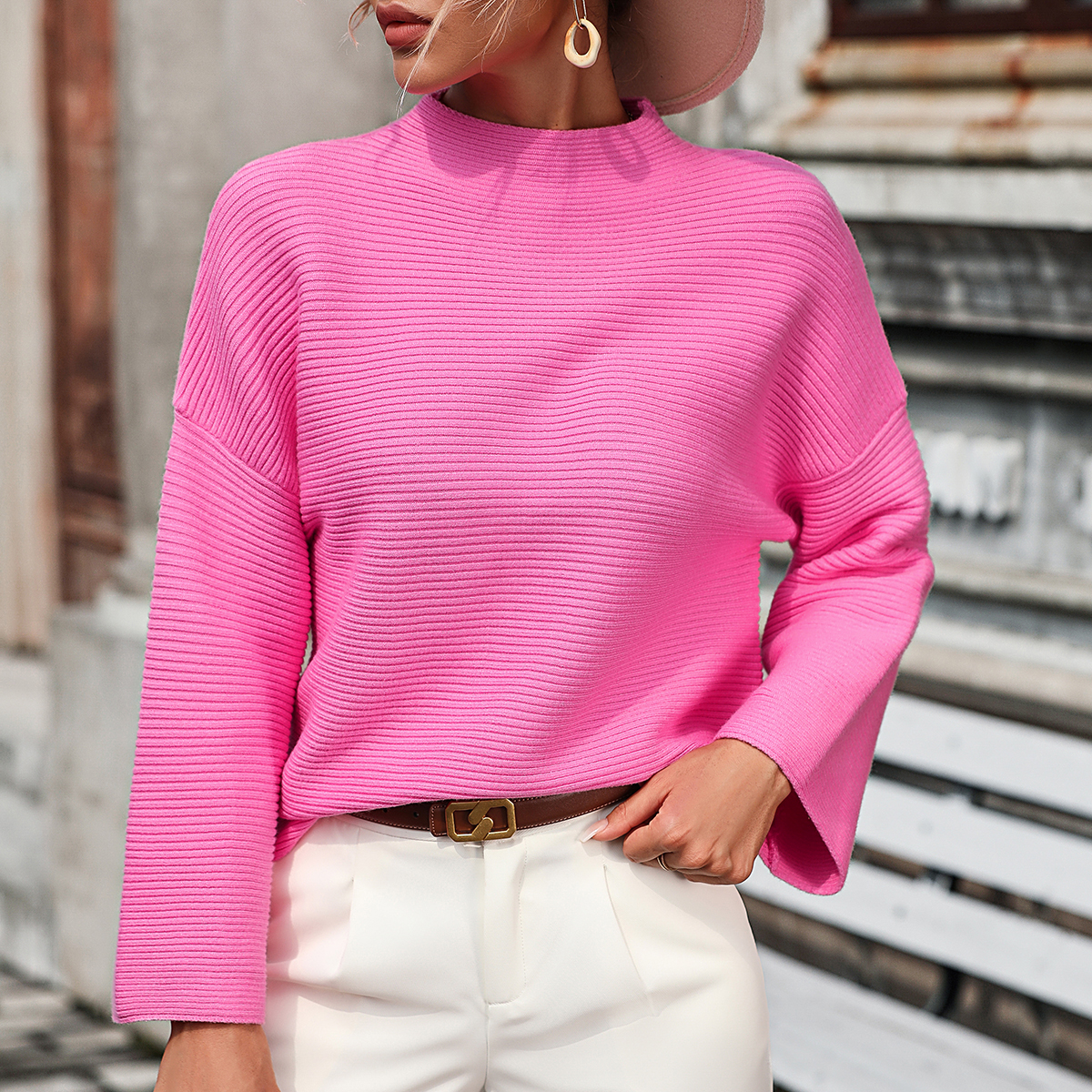 WomenLoose Knitting Cropped Sleeve Solid Sweater