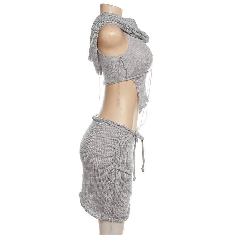 Summer Women Sexy Hollow Knitting Hooded Top and Skirt Two Piece Set