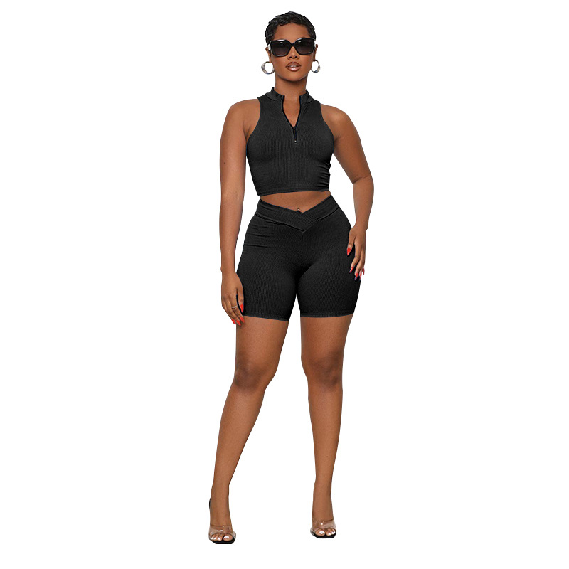 Women Summer Solid Sleeveless Zipper Collar Crop Top and Shorts Two Piece Set