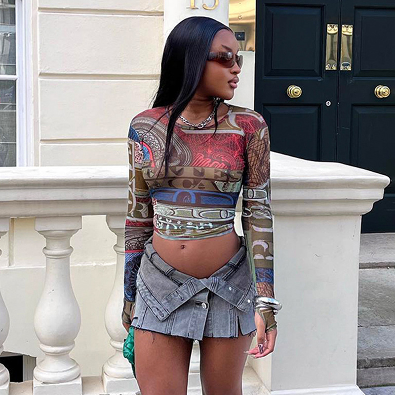 Women's Summer Sexy Mesh Digital Printing Round Neck Long Sleeve Crop Top