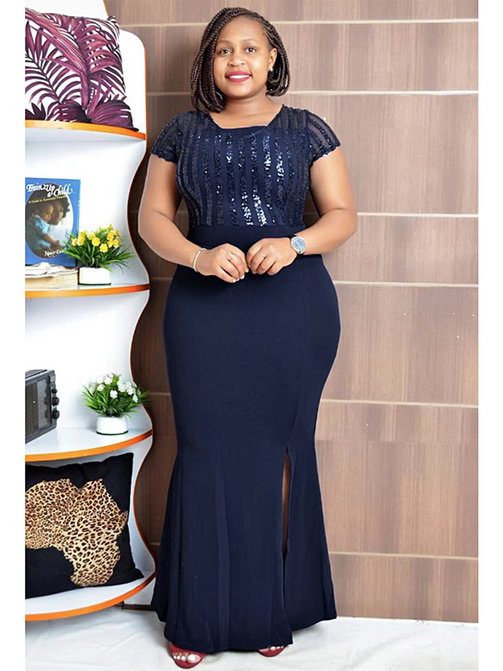 Plus Size African Dress Party Round Neck Solid Dress