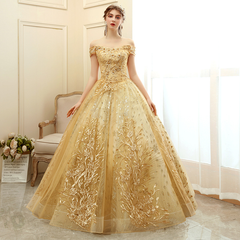 Women's Long Gold Off Shoulder Evening Dress