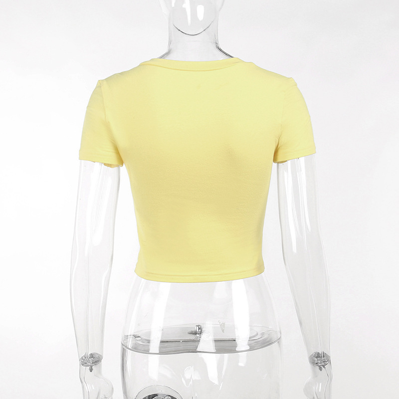 Basic Letter Print Hollow V-Neck Short-sleeved T-Shirt Women's Summer Sexy Fashion Casual Tops