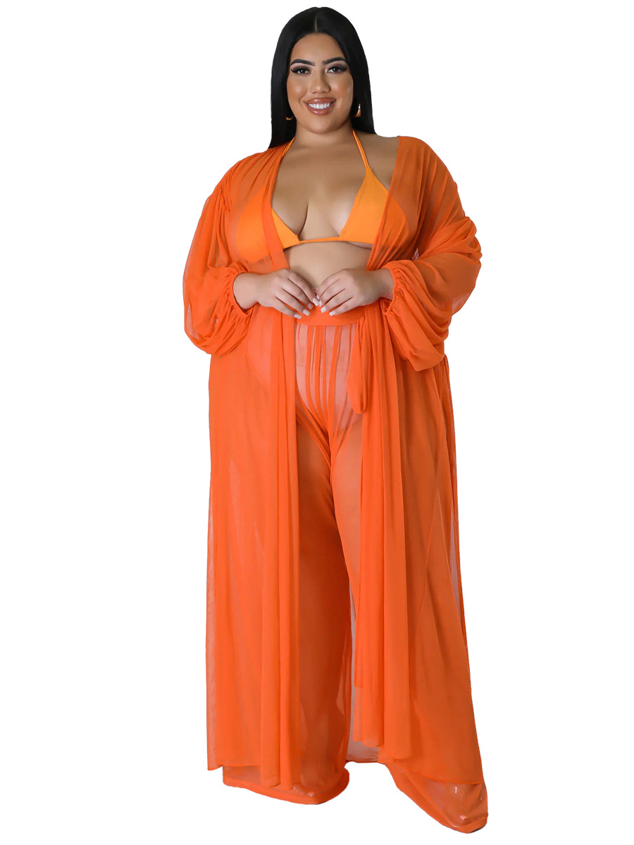 Women's Solid Bat Sleeves Sexy See-Through Long Sleeve Plus Size Two-Piece Pants Set