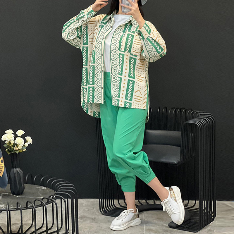 Casual suit Loose Plus Size fashion women's long-sleeved shirt pants linen two-piece suit