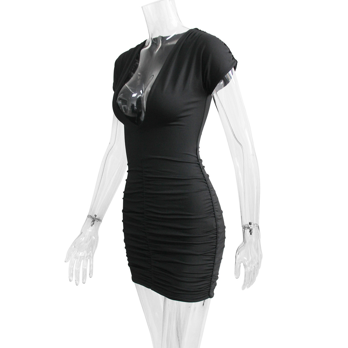 Women's Sexy V Neck Pleated Bodycon Dress