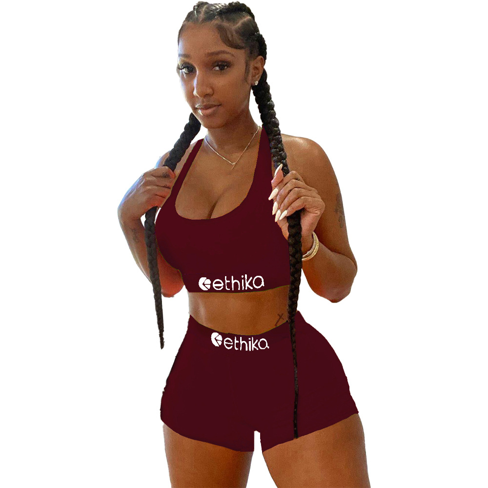 Women Solid Letter Print Top and Shorts Sport Two-Piece Set