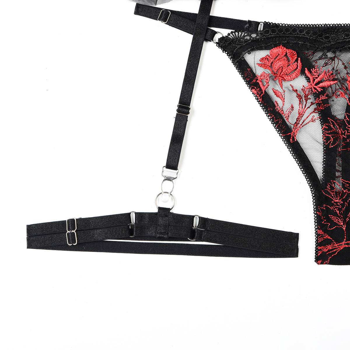 Flower embroidery mesh Patchwork sling Halter Neck sexy lingerie four-piece set for women