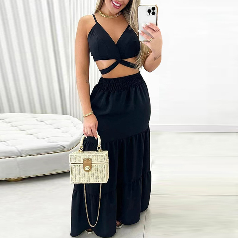 Plus Size Women's Summer Lace-Up Tank Top High Waisted Full Length Skirt Fashion Casual Set