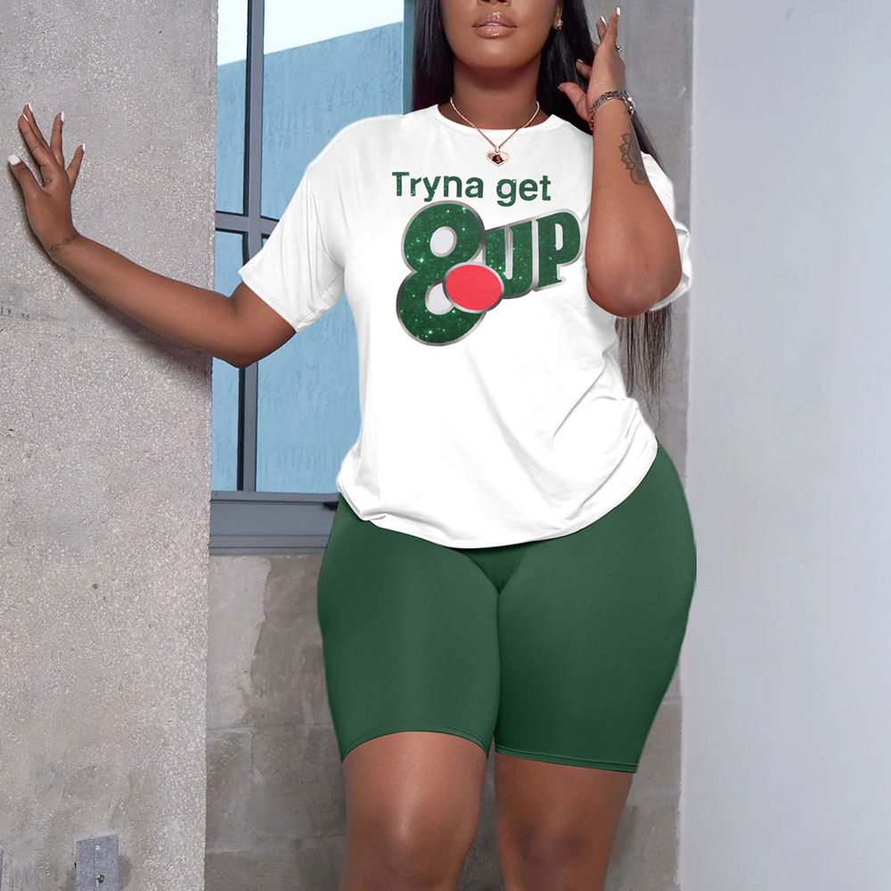Women Clothing Casual Letter Print Round Neck Short Sleeve Top and Shorts Sports Two Piece Set