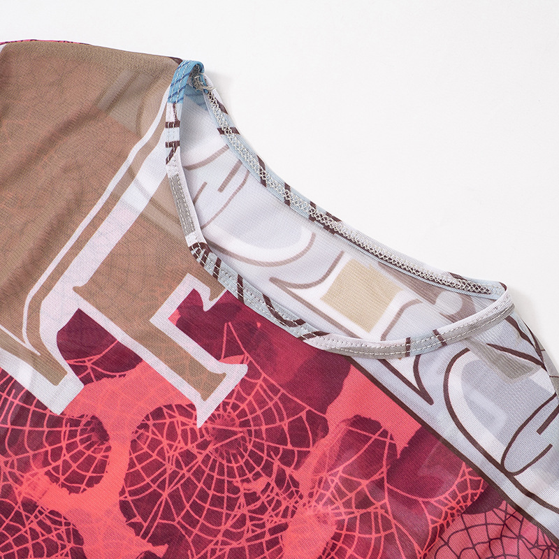 Women's Summer Sexy Mesh Digital Printing Round Neck Long Sleeve Crop Top