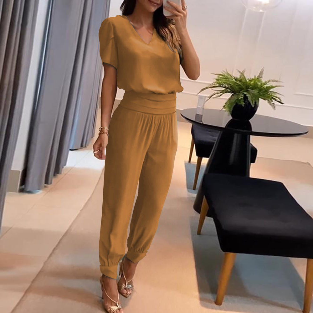 Women's Fashion Casual V-Neck Printed Short-Sleeved Trousers Set Two-Piece Set