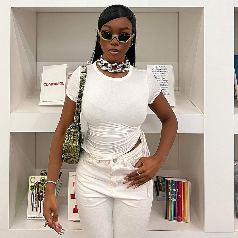 Women's Summer Solid Color Casual Round Neck Short Sleeve One Side Drawstring Basic T-Shirt Top