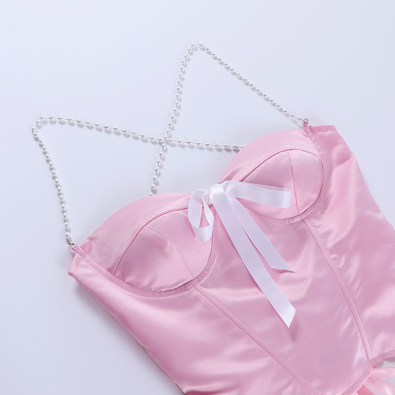 Pearl strap bow pink camisole women's tunic top