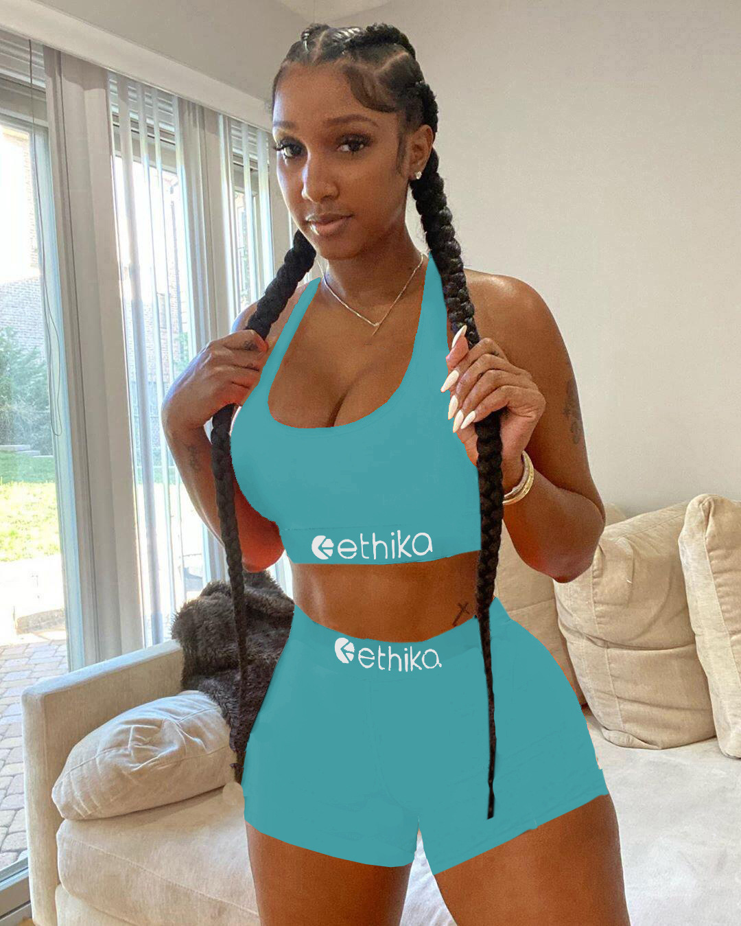 Women Solid Letter Print Top and Shorts Sport Two-Piece Set