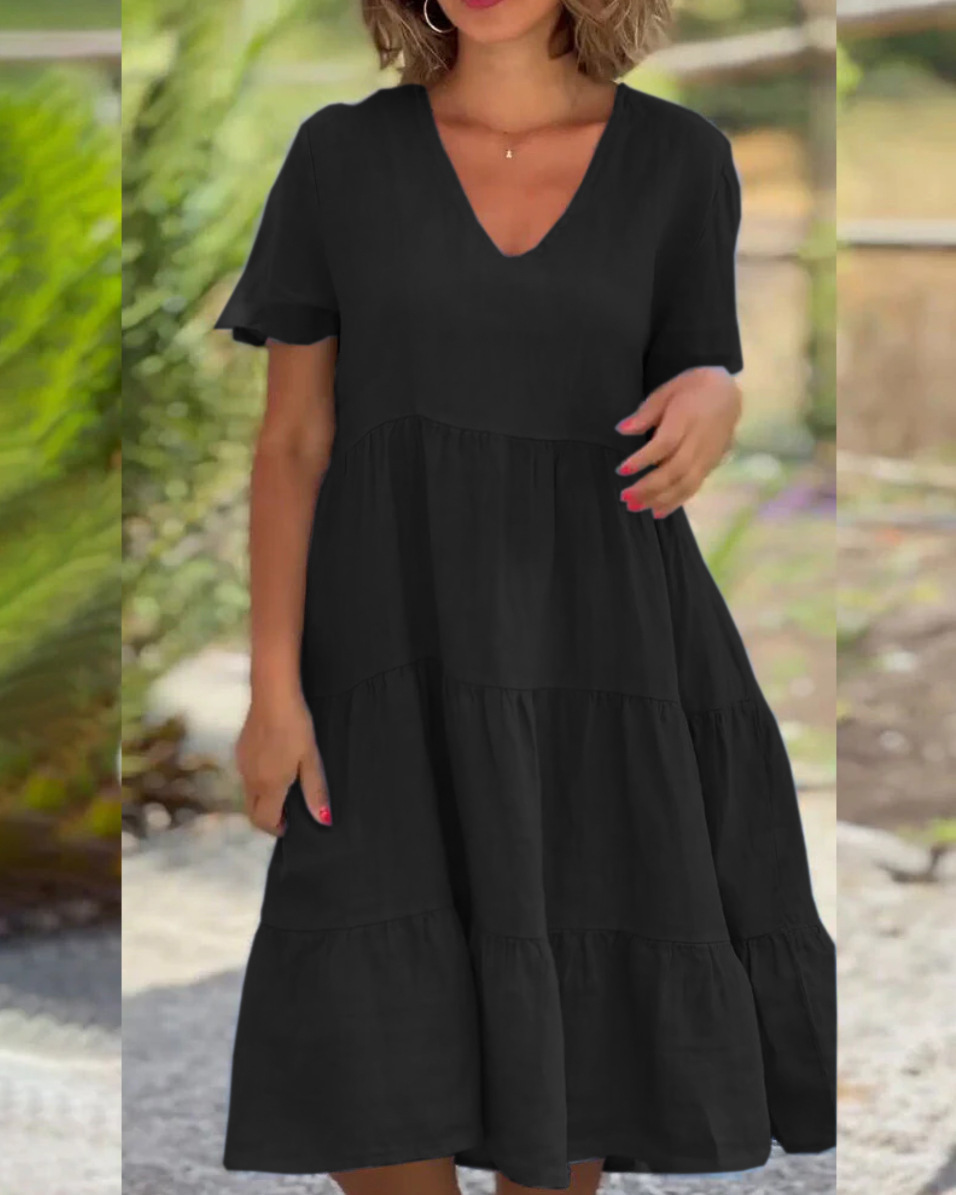 Summer Women V-Neck Solid Casual Dress