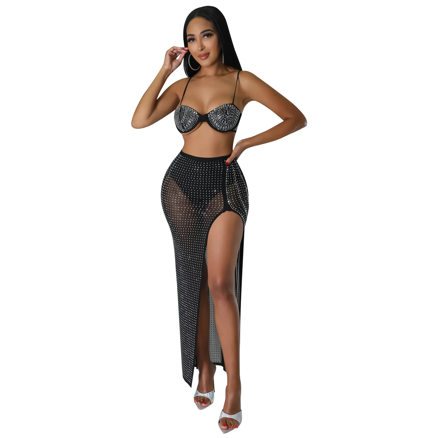 Summer Women's Sexy Mesh Beaded Nightclub Dress Two-Piece Set