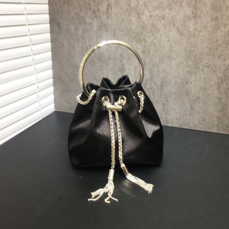 Women's Dinner Bag Flash Diamond Tassel Drawstring Satin Handheld Mini Bucket Bag Chain Messenger Bag