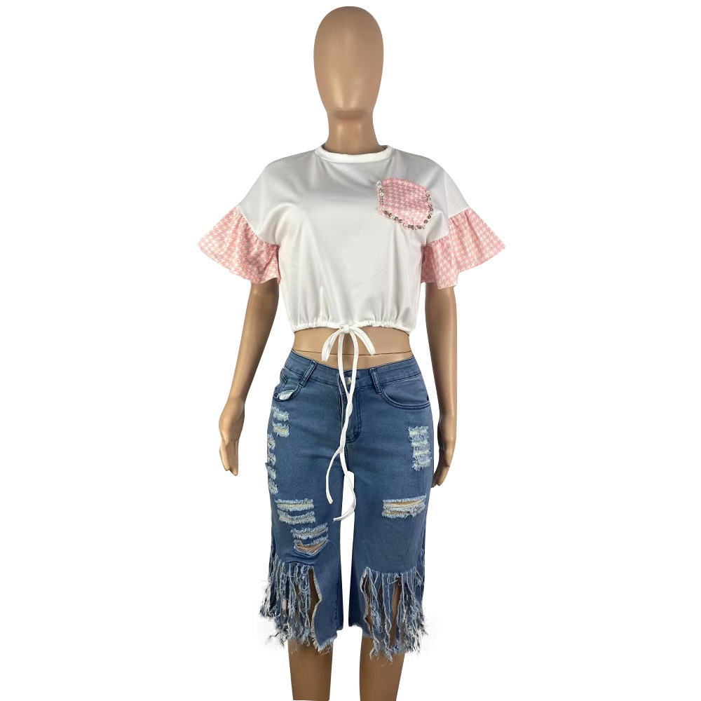 Women Round Neck Beaded Rhinestone Lace-Up Bell Bottom Sleeve Shirt