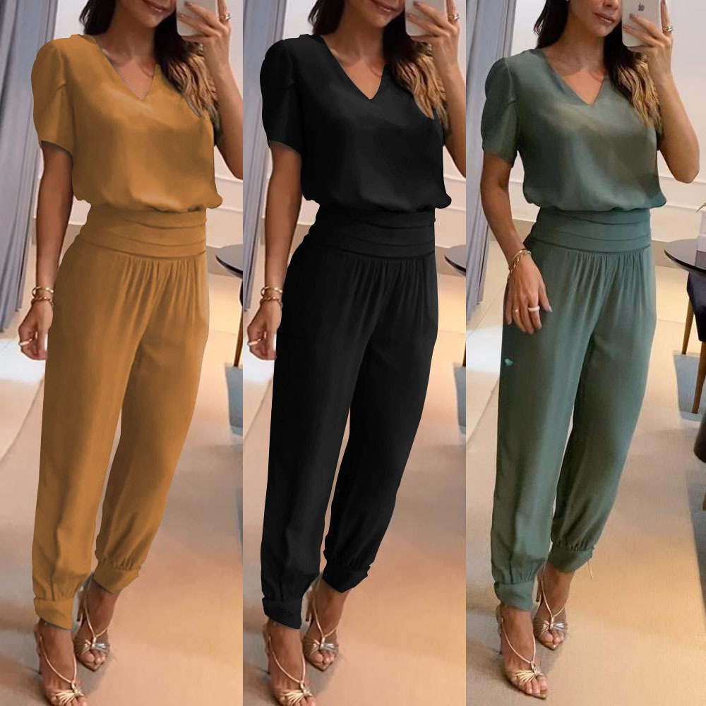 Women's Fashion Casual V-Neck Printed Short-Sleeved Trousers Set Two-Piece Set