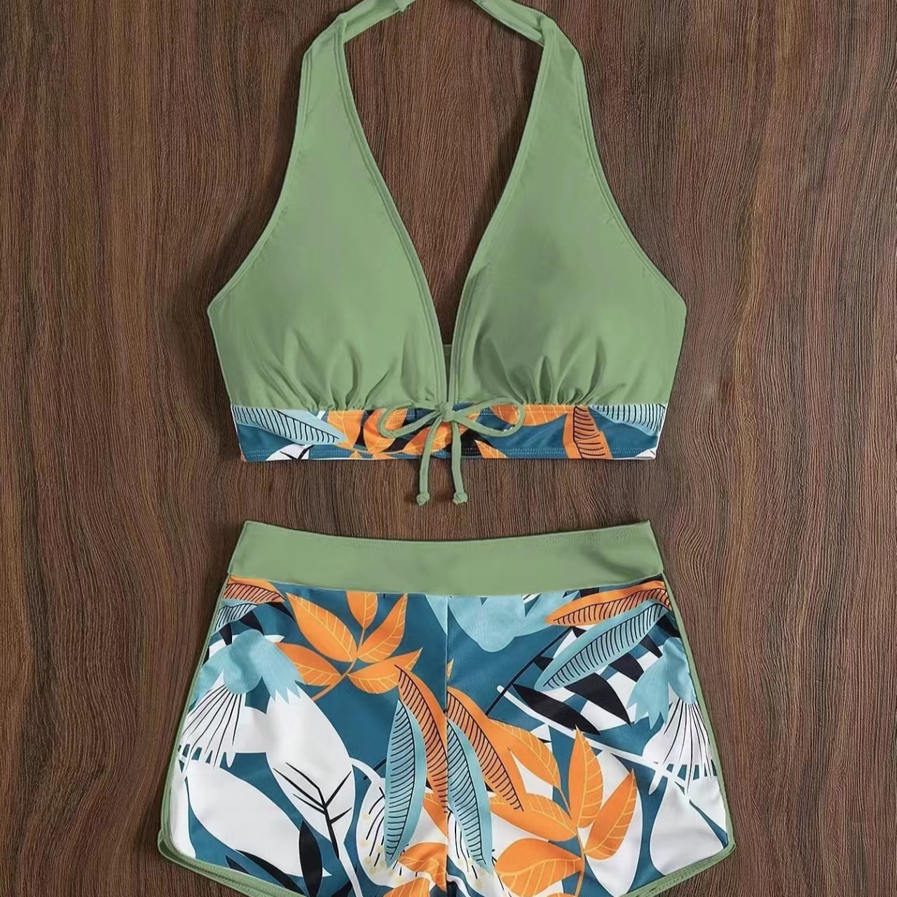 Women's Swimsuit Two Pieces High Waist Patchwork Tie Square Leg Varsity Sport Surf Bikini