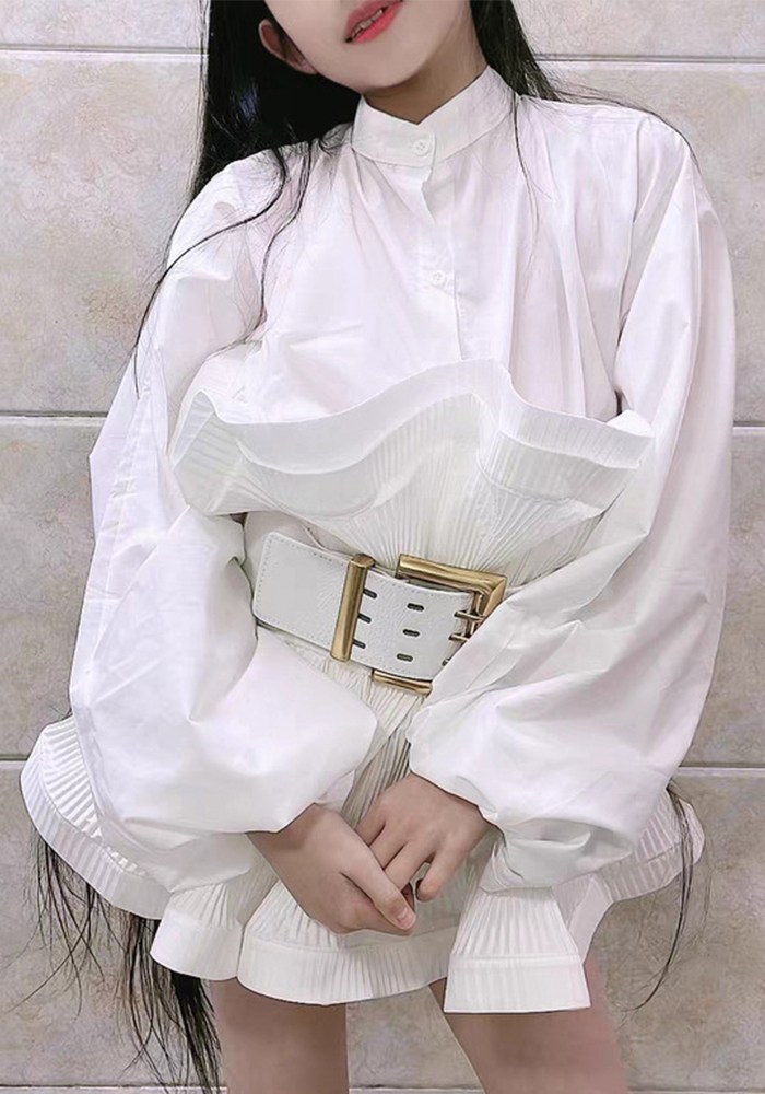 Long Sleeve Ruffle Blouse Women Autumn High Waist Stand Collar Slim Top with Belt