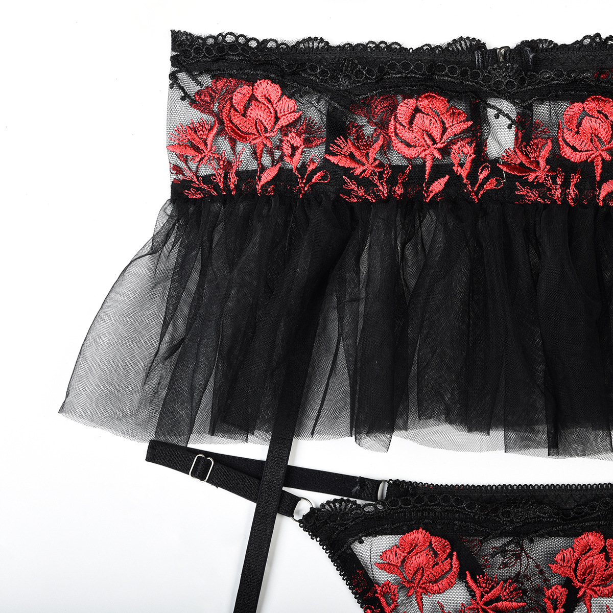 Flower embroidery mesh Patchwork sling Halter Neck sexy lingerie four-piece set for women