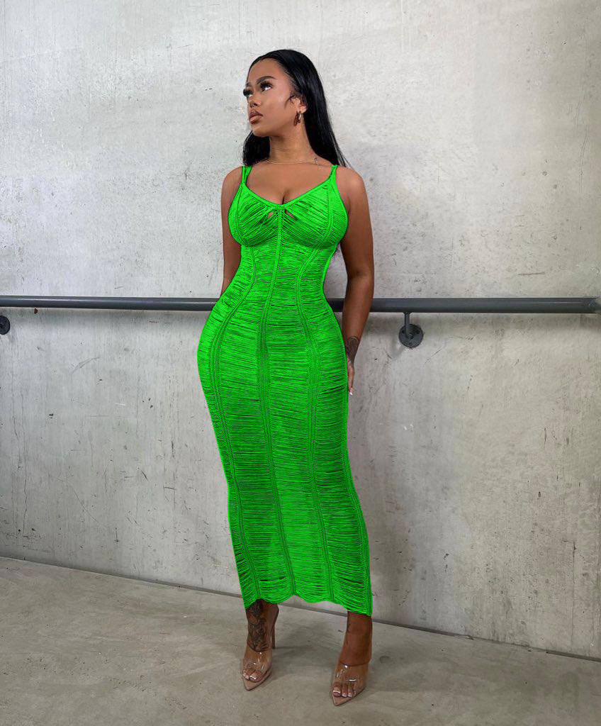 Women Casual Solid knitting Hollow Strap Beach Dress