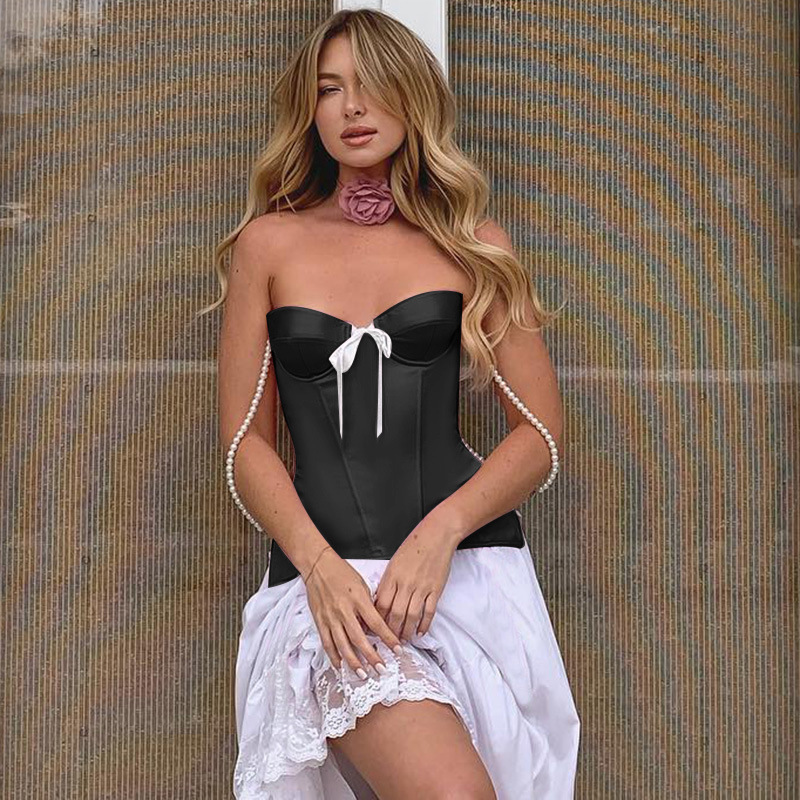 Pearl strap bow pink camisole women's tunic top