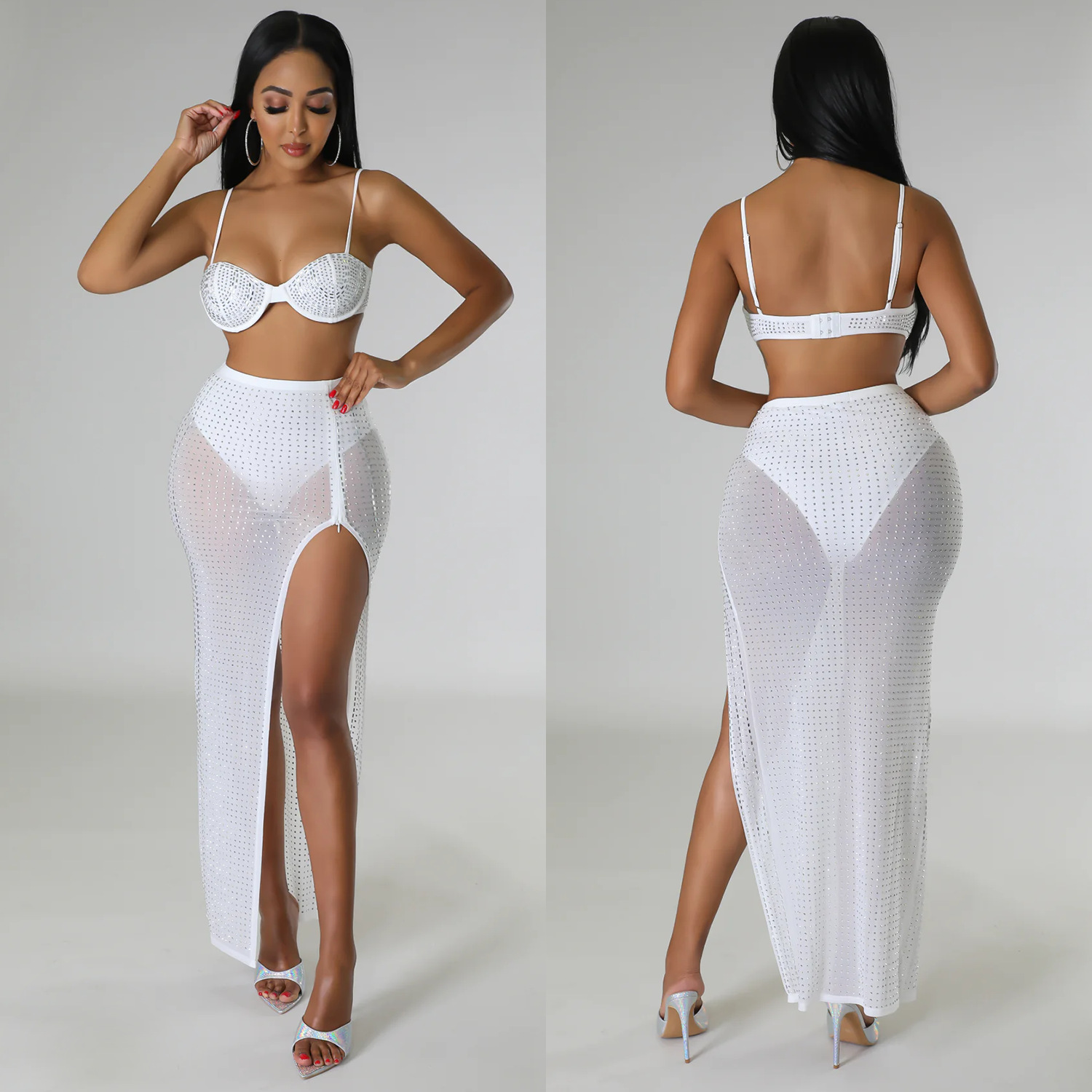 Summer Women's Sexy Mesh Beaded Nightclub Dress Two-Piece Set