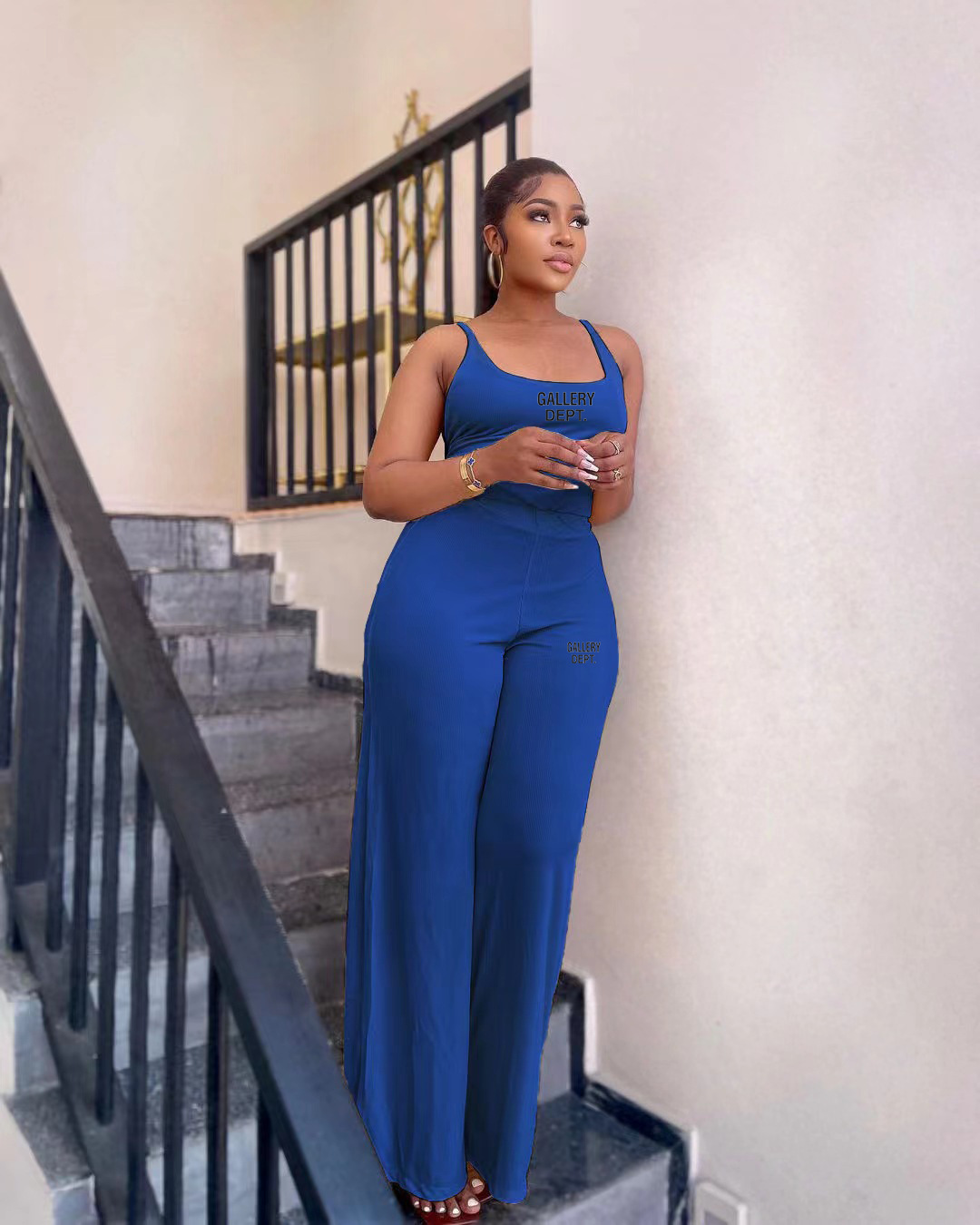 Women's Fashion Tank Top Open Back Casual Print Sports Bell Bottom Two-Piece Set