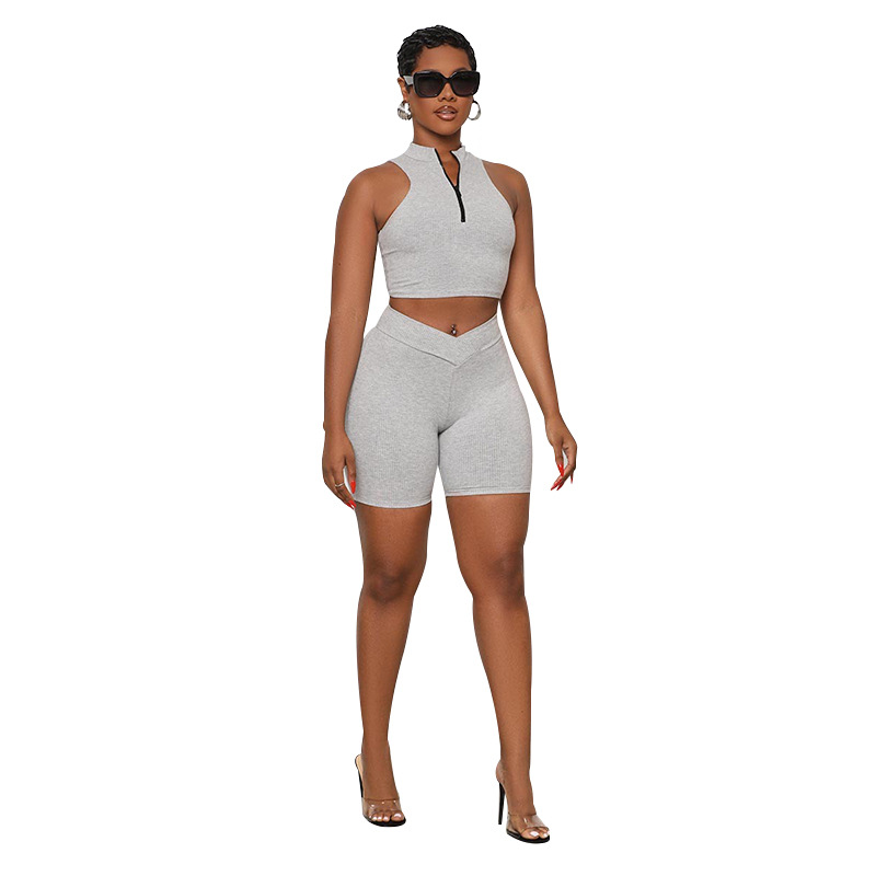 Women Summer Solid Sleeveless Zipper Collar Crop Top and Shorts Two Piece Set