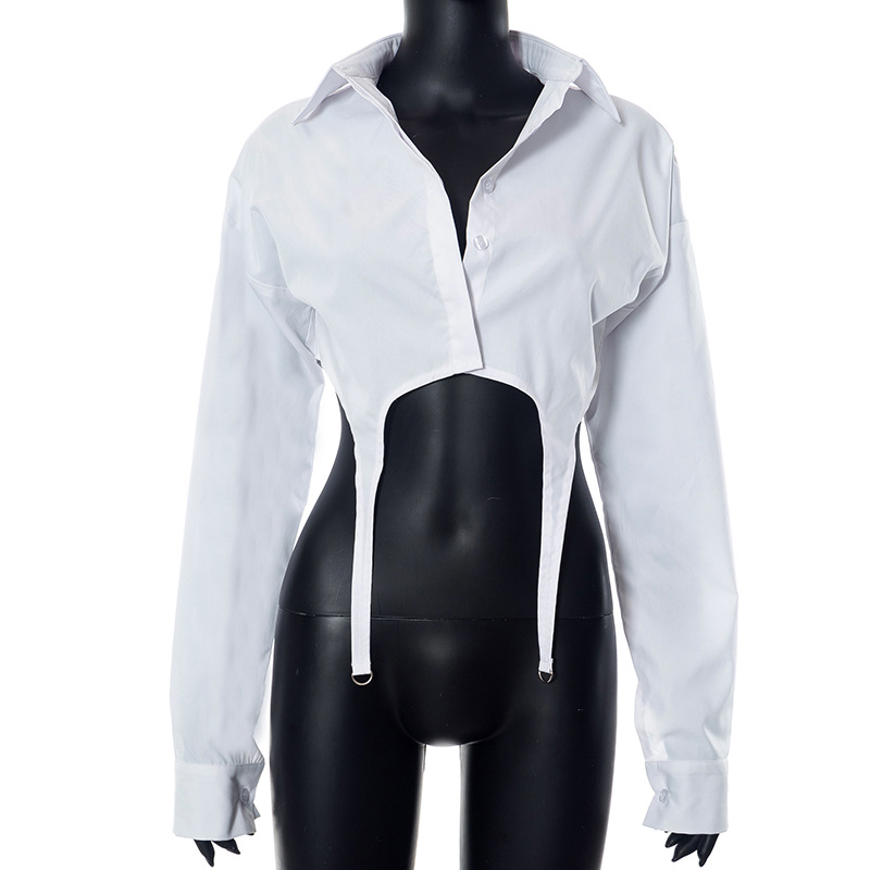 Women's Summer Casual Solid Turndown Collar Button Down Crop Shirt Slim Fit Long Sleeve Top