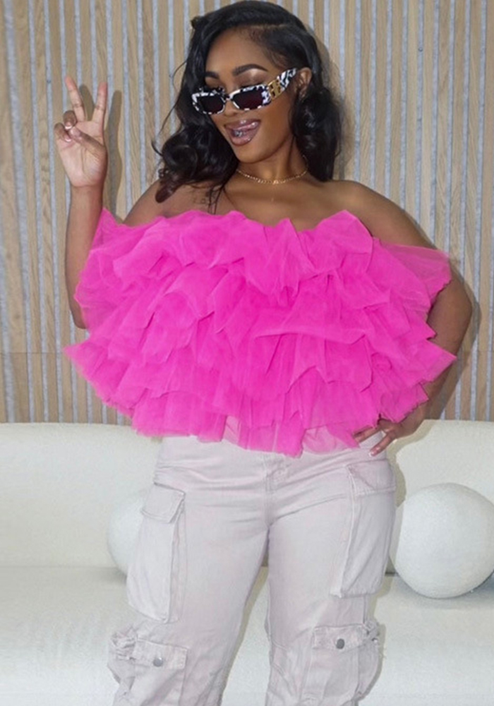 Women Layered Puff Petal Mesh Sleeveless Backless Strapless Top