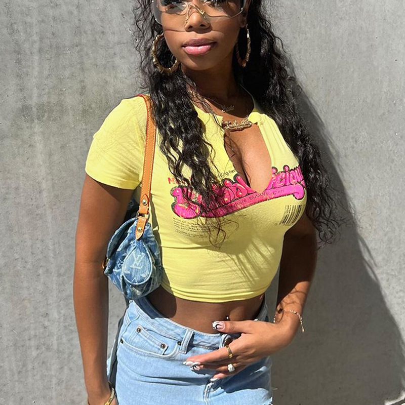 Basic Letter Print Hollow V-Neck Short-sleeved T-Shirt Women's Summer Sexy Fashion Casual Tops