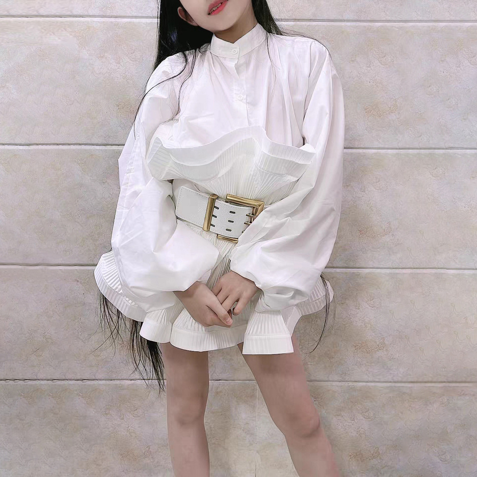 Long Sleeve Ruffle Blouse Women Autumn High Waist Stand Collar Slim Top with Belt