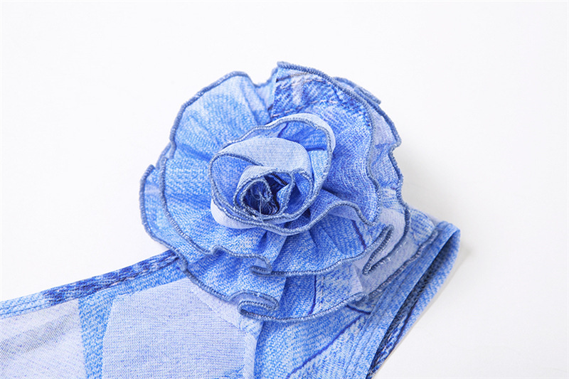 Summer Women Fashion Floral Slash Shoulder Style Tank Top Printed Fringe Ribbon Skirt Set