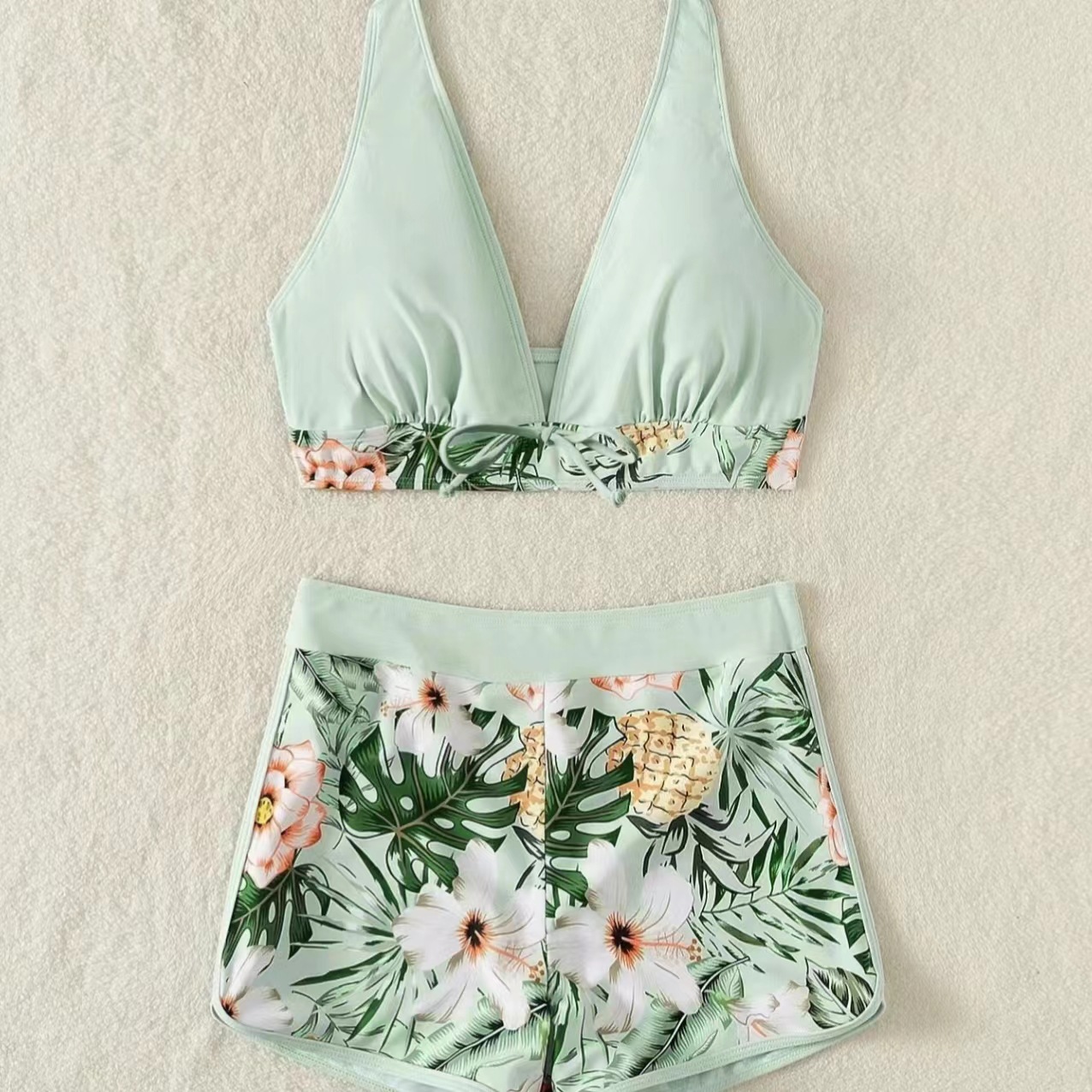 Women's Swimsuit Two Pieces High Waist Patchwork Tie Square Leg Varsity Sport Surf Bikini