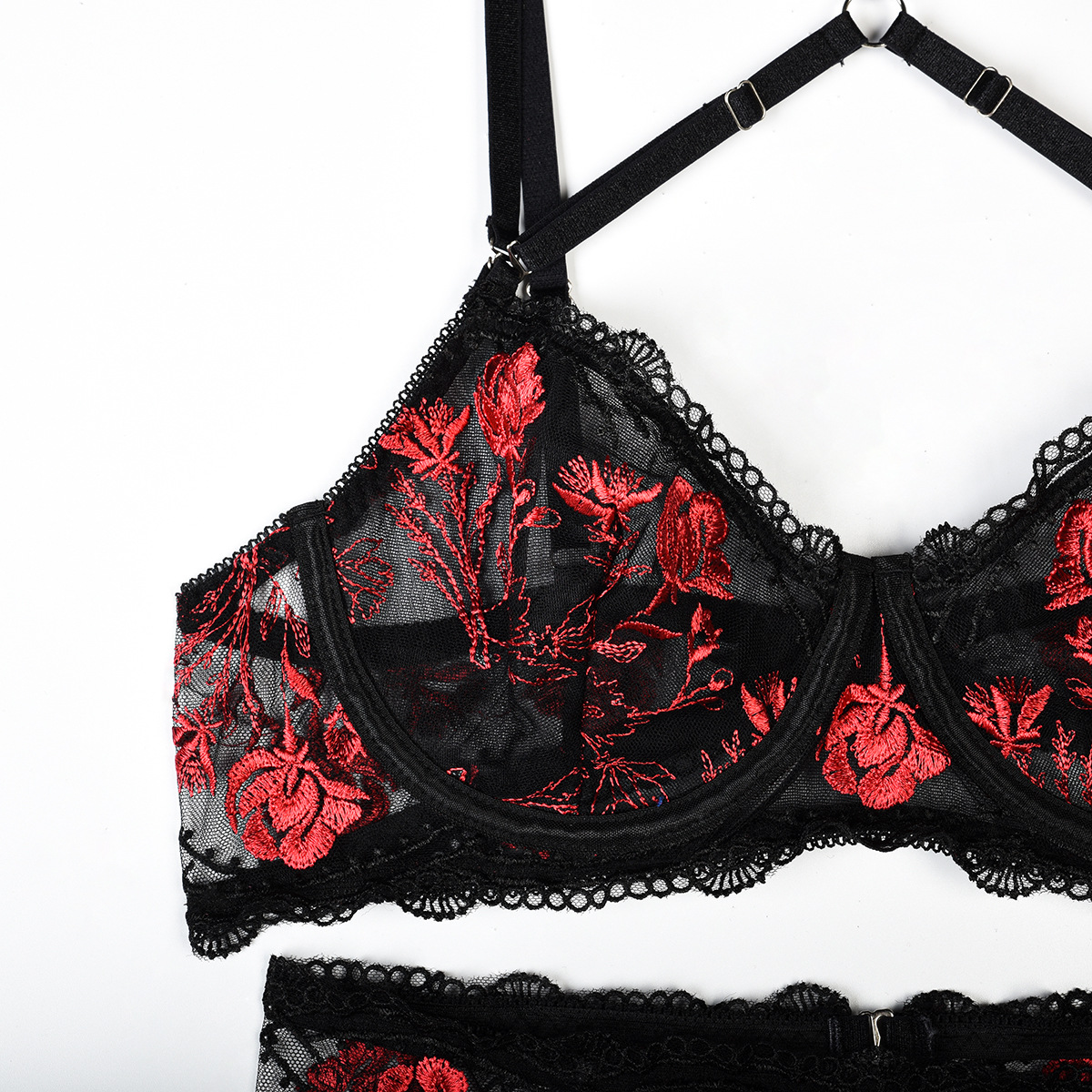 Flower embroidery mesh Patchwork sling Halter Neck sexy lingerie four-piece set for women