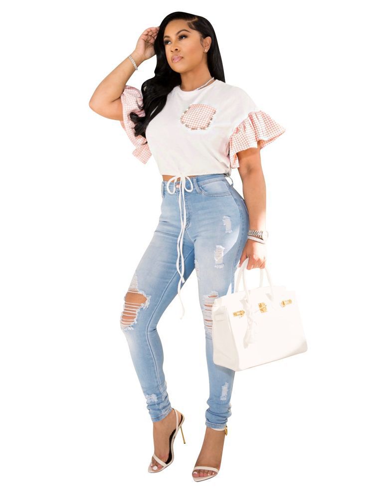 Women Round Neck Beaded Rhinestone Lace-Up Bell Bottom Sleeve Shirt