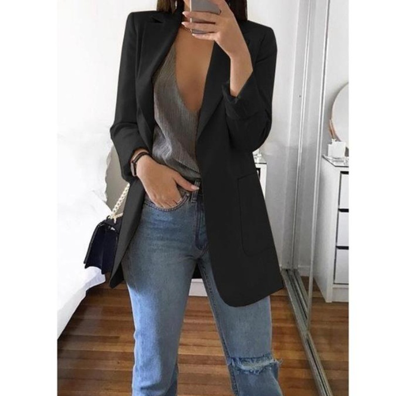 Spring Fall Women's Long Sleeve Plain Pocket Cardigan Blazer Jacket