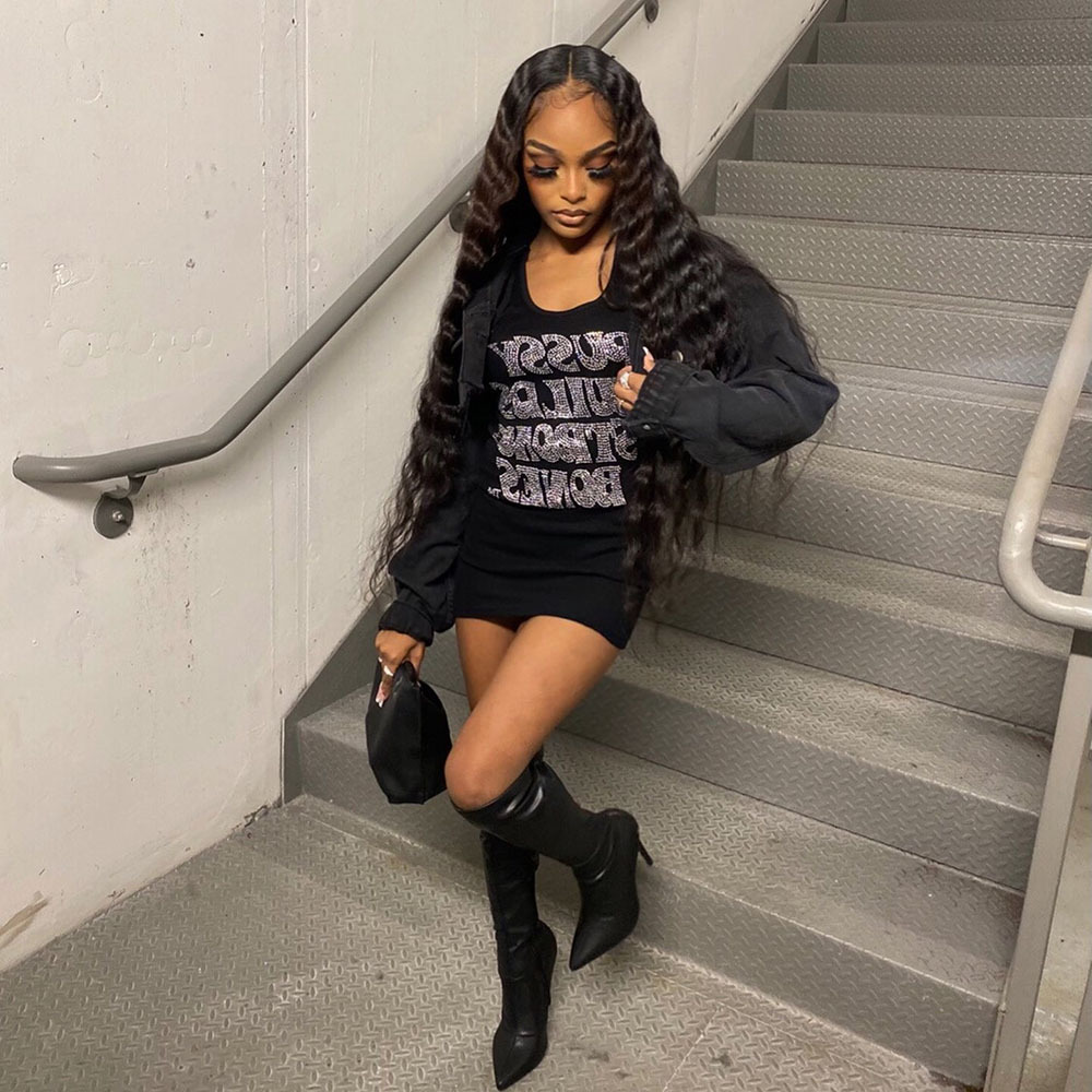 Dress Summer Beaded Letter High Waist Bodycon Dress Streetwear Women