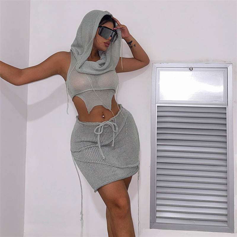 Summer Women Sexy Hollow Knitting Hooded Top and Skirt Two Piece Set