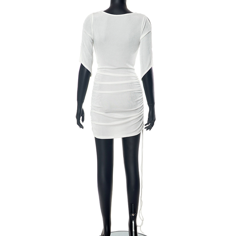 Women Summer Solid Sexy Drawstring Pleated Short Sleeve Dress