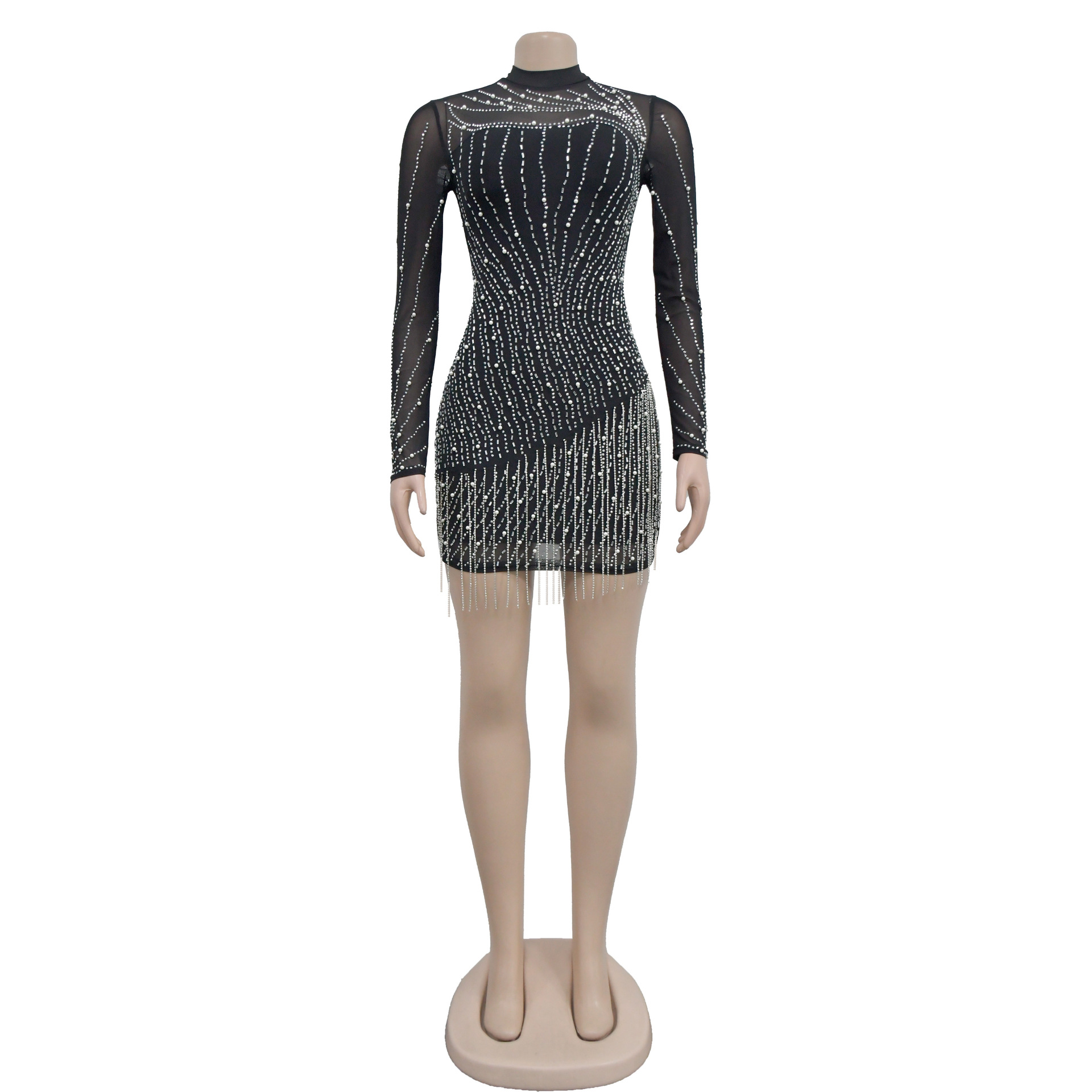 Women's Fashion Long Sleeve Mesh Beaded Bubble Bead Dress