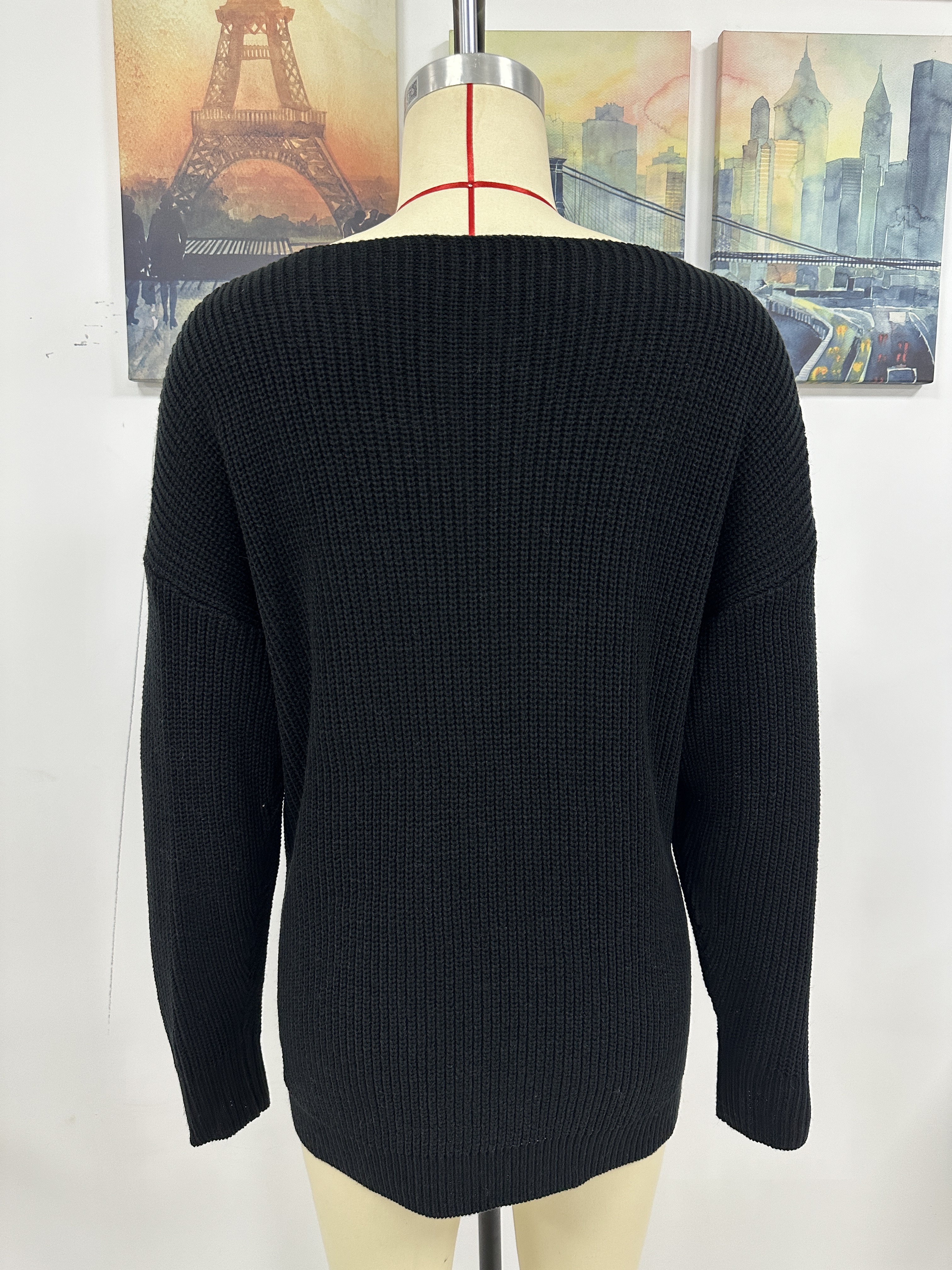 Women Solid Button Rope Knitting Oversized Sweater