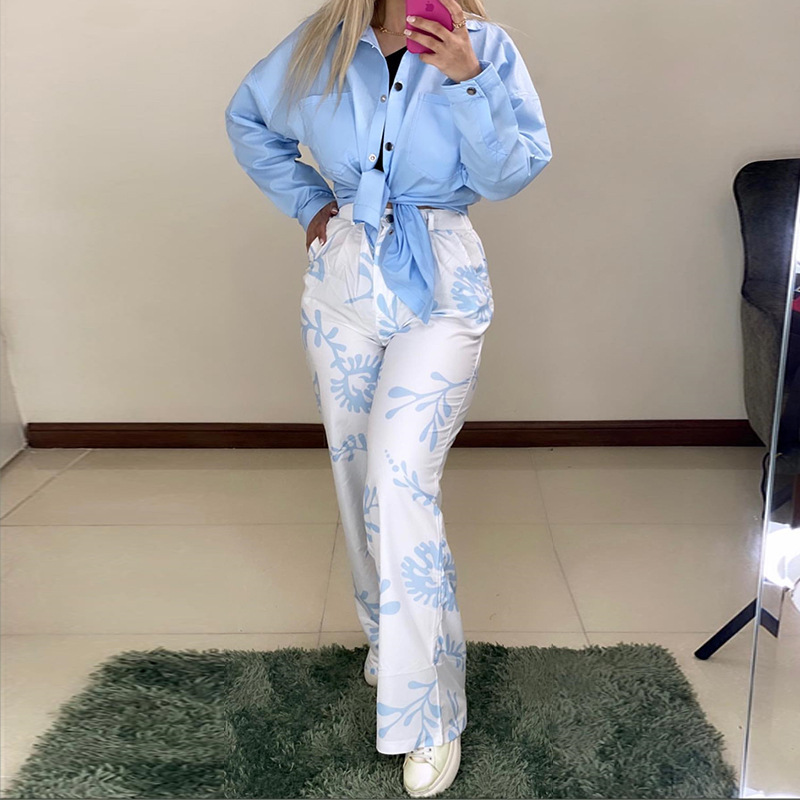 Women's Fall Chic Casual Long Sleeve Turndown Collar Shirt Print High Waist Side Pocket Casual Set