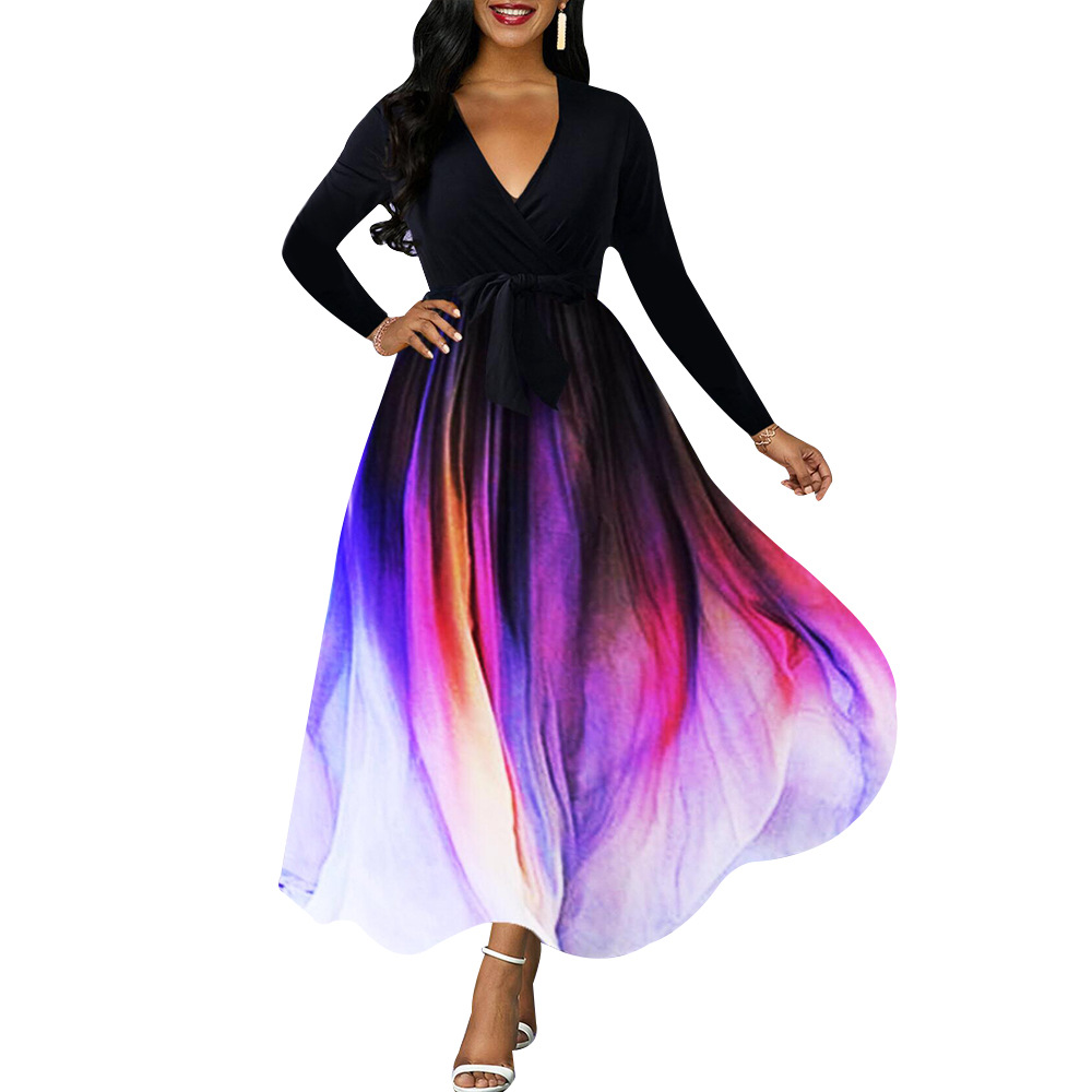 Autumn Gradient Print Long Sleeve V-neck Maxi Dress Women's Clothing