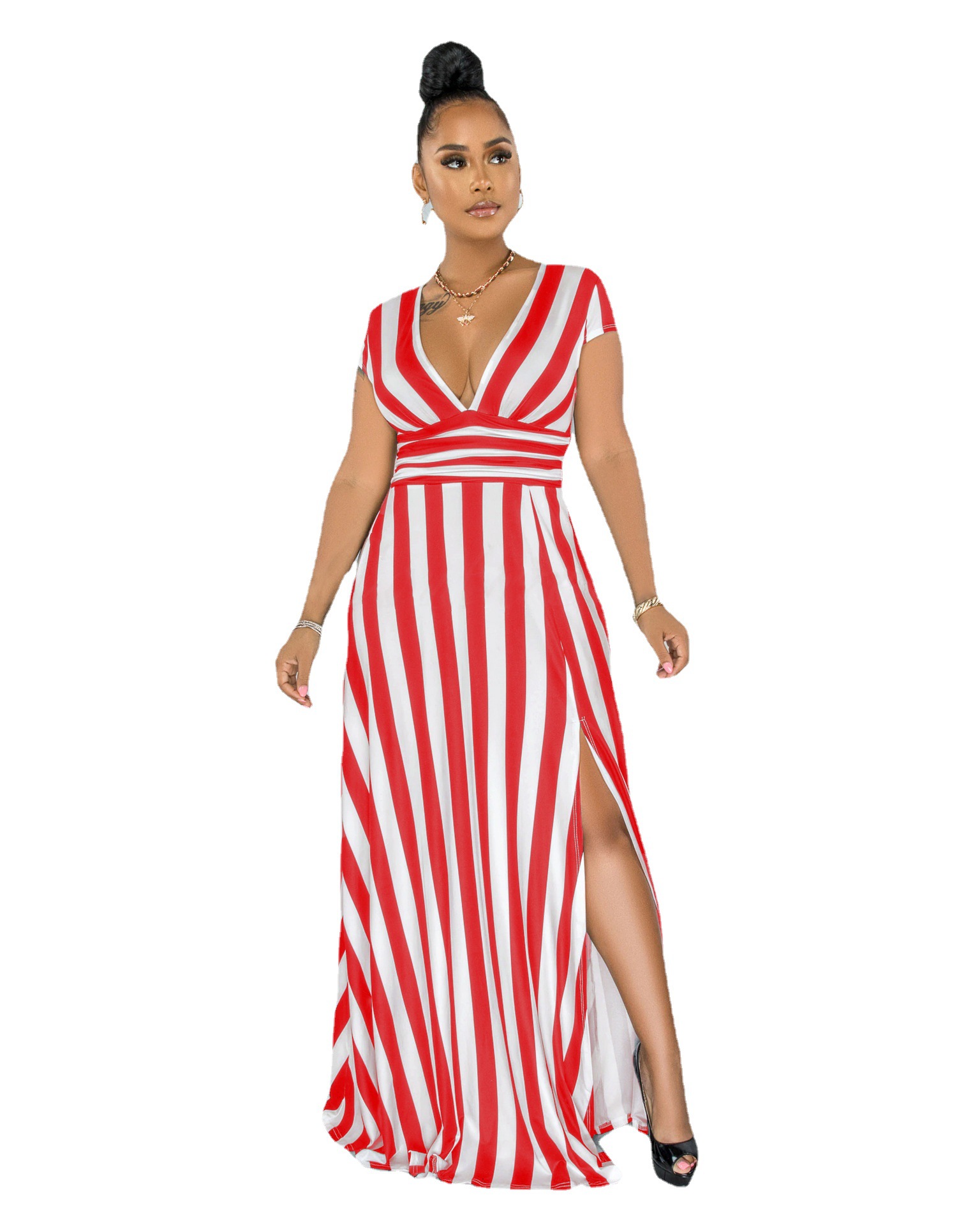 women's sexy fashion striped body sculpting slit dress