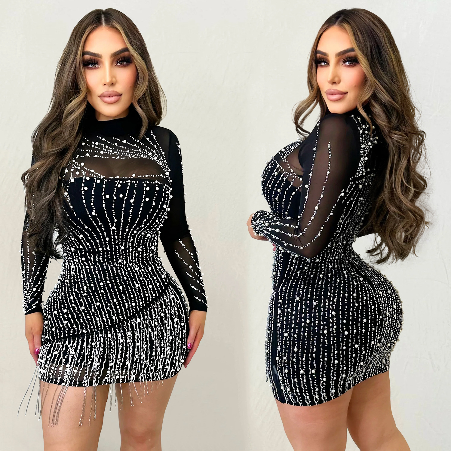 Women's Fashion Long Sleeve Mesh Beaded Bubble Bead Dress